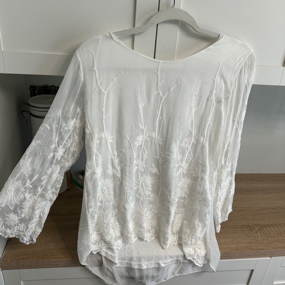 Elena Baldi Italy Silk Blend Sheer Floral US L Embroidered Boho Blouse Romantic